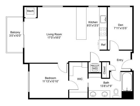 Floor plan for 1 bed, 1 bath, 850 sqft